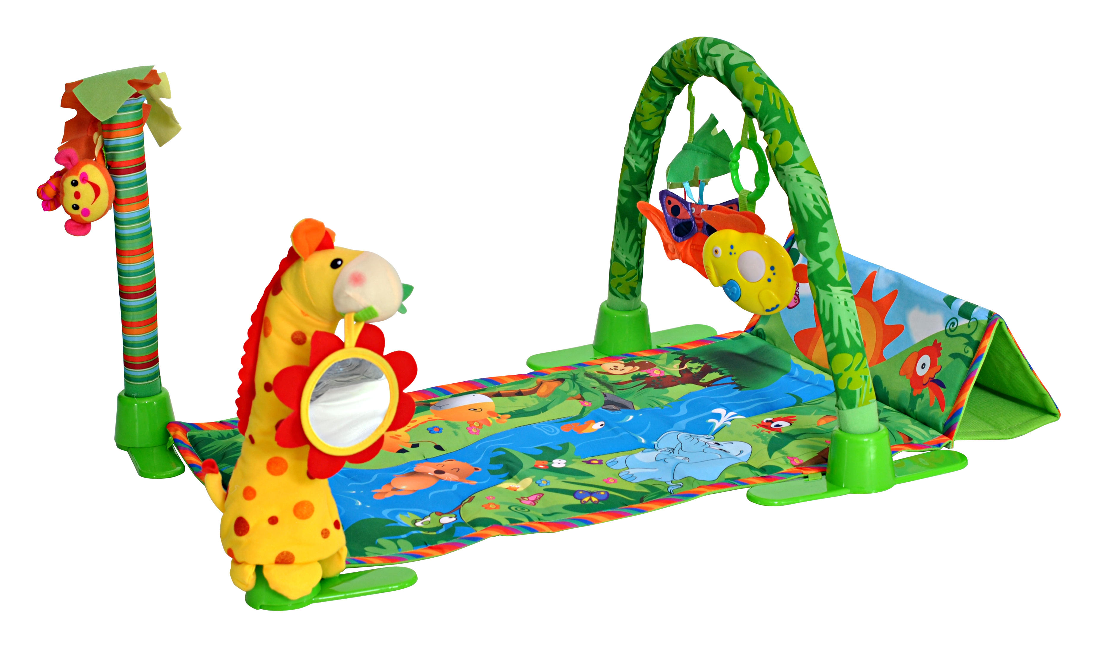 HS0263123 Развивающий коврик &quot;Райский сад&quot; (дуга с игрушками безопасное зеркало, музык.игрушка, мягкая игрушка,пальма, жираф ,мартышка, 4плас.подставк)