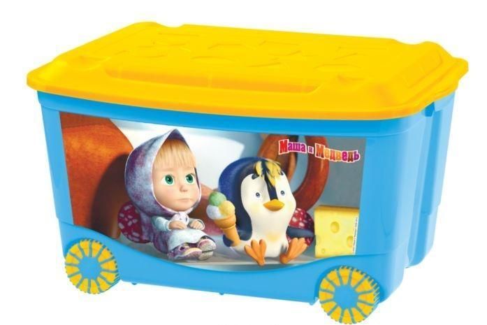 13794/08Г Ящик для игрушек на колесах 580*390*335 аппликация "Маша и Медведь", (голубой) (4шт/уп)  Россия